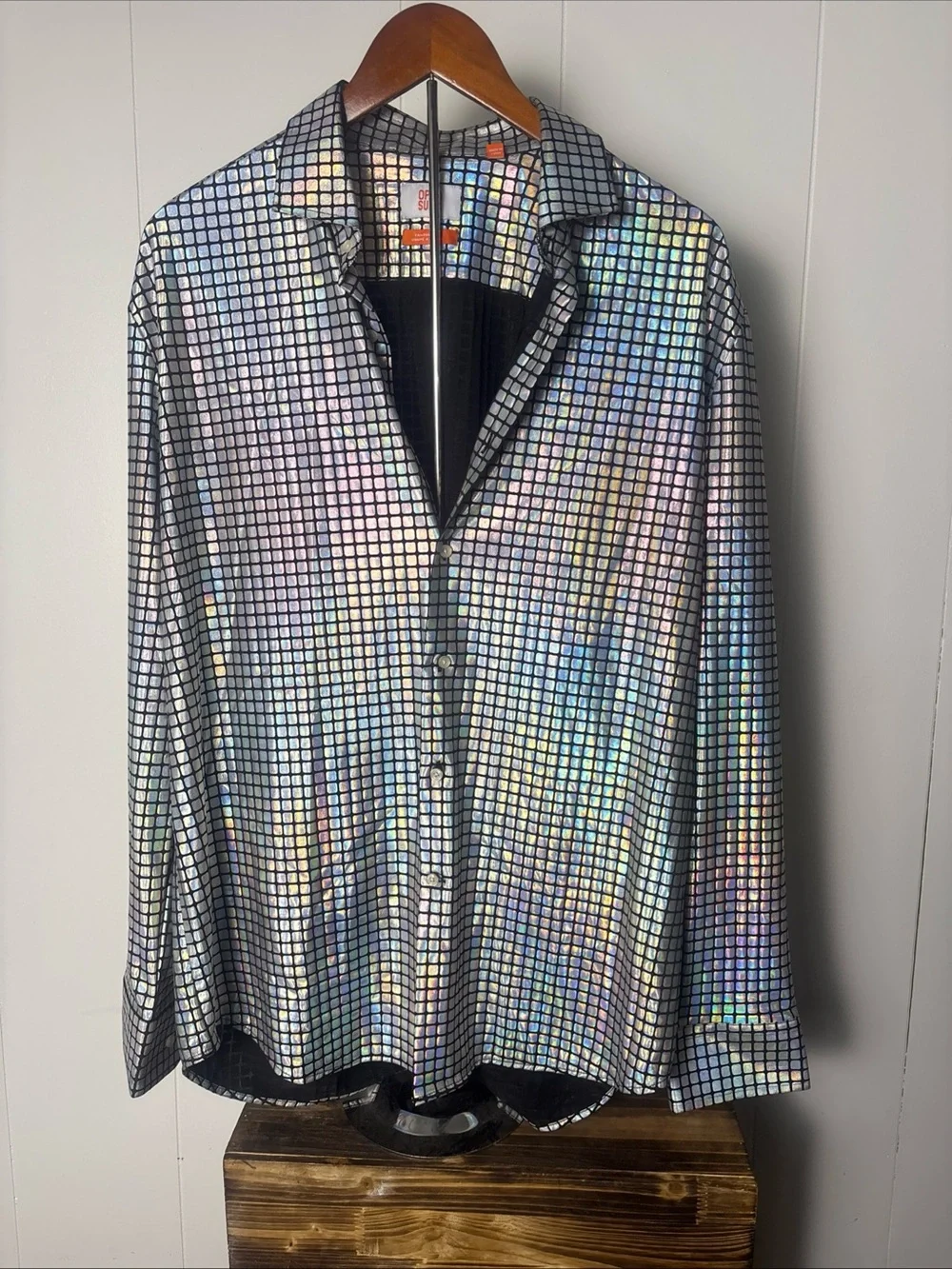 Disco Oppo Suits Men's Button Down Long Sleeve Shirt Size XL Silver Iridescent